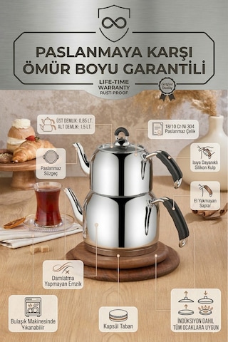 Özkent Lotus Mini Boy Paslanmaz Çelik Çaydanlık 2,35 Lt 0,85+1,5lt Süzgeçli