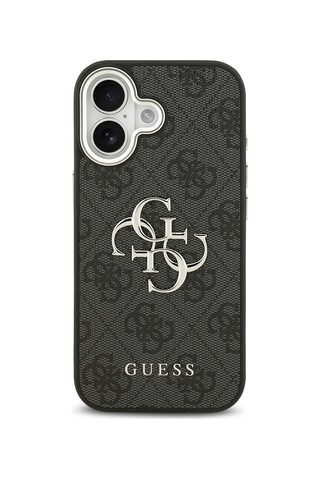 Apple Uyumlu iPhone 17 Kılıf Guess Lisanslı Gümüş Kamera Çerçeveli 4g Desenli Büyük 4g Ve Yazı Logolu Kapak Siyah Siyah