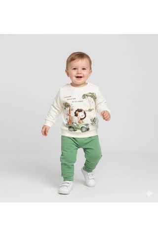 Erkek Bebek Orman Hayvanları Baskılı Alt Üst İkili Gündelik Takım Yeşil