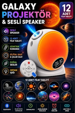 Galaxy Uyumlu Projektör Yıldız Gece Lambası Rgb Bluetooth Hoparlörlü Döner Uzay Projeksiyon Alarm Özellikli