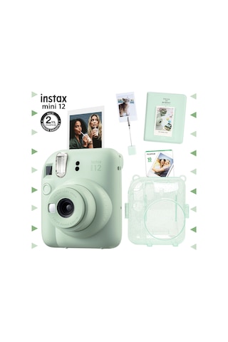 Fujifilm Instax Mini 12 Fotoğraf Makinesi + 10'lu Film + Kıskaçlı Stand + Pvc Albüm + Simli Pleksi Kılıf Seti Yeşil