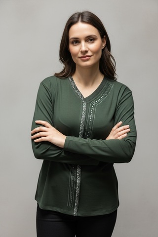 Kadın Önü Kapalı Düğme Detaylı Taşlı Nergis Mevsimlik Bluz Haki