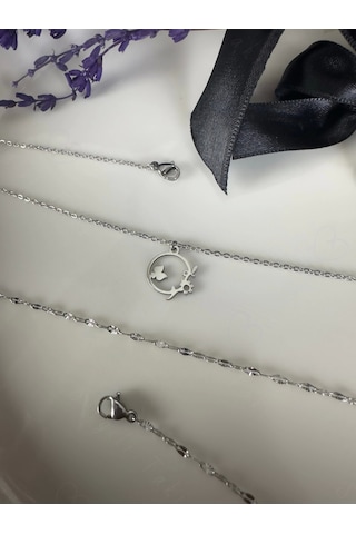 Lip Dudak Zincirli Çiçek Motifli Çelik Kolye Sevgili Takı Koleksiyonu Silver