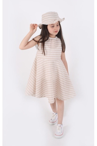 Aden Kids Kız Çocuk Çizgili Yazlık Elbise Ve Şapka Takımı 2'li - 4-12 Yaş Pembe, Mavi, Bej, Bordo