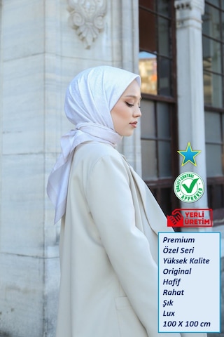 Eşarp - Premium Lux Original Monogram Eşarp İpek Vual, Yüksek Kalite, Hafif, Rahat, Şık, Scarf Krem