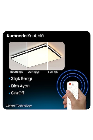 Siyah Dikdörtgen Kumandalı Dimli 3 Işık Renkli 88x62cm Led Tavan 3Renk Kumandalı