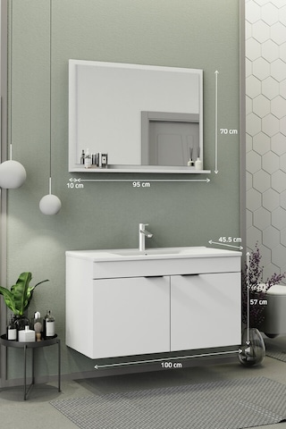 Biani Fix Arya 100 Cm Banyo Dolabı,Seramik Lavabolu, Aynalı,Lavabo Dahil,Mdf,Mat Beyaz