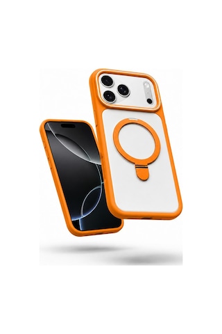 Apple İphone 17 Pro Max Uyumlu Kılıf Magring Standlı Silikon Kılıf Turuncu