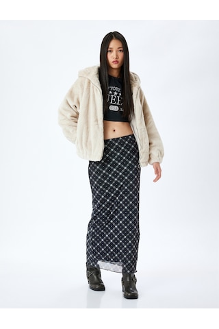 Koton Peluş Mont Kapüşonlu Fermuarlı Cep Detaylı Bej 5wal20004ıw Ekru