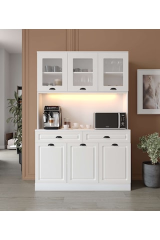 Guneystore Luna Kahve Köşesi - 140 Cm Mdf Mutfak Dolabı - Led Aydınlatmalı Beyaz