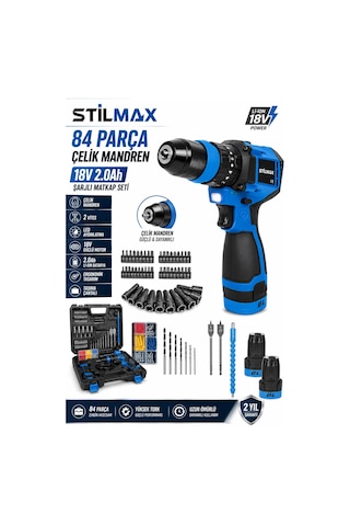 Stilmax 18v Brushless Şarjlı Matkap Seti 84 Parça Çelik Mandren Çift Akülü 2.0ah Vidalama Darbeli