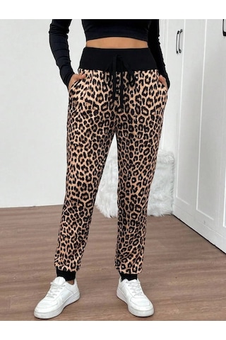 Zennamoda Kadın Yüksek Bel Bağcıklı Desenli Iki Iplik Pantolon Leopar