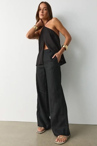 Madmext Siyah Yüksek Bel Keten Wide Leg Pantolon Mg2718