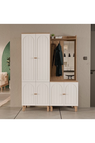 Set 5084-5076 Rapsody Sağ Aynalı 6 Kapaklı Membran 7 Askılı Bohem Portmanto Sepet-beyaz Beyaz - Meşe