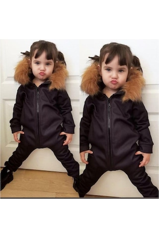 MODAVALS İTHAL KÜRKLÜ 3 İP ŞARDONLU UNISEX BEBEK VE ÇOCUK TULUM - KAHVE Gri