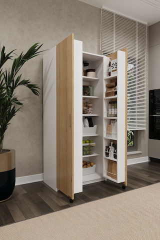 Asra Trend MK-04 %100 MDF 80x180 cm Çok Amaçlı Mutfak Kiler Dolabı Kapak İçi Raflı Erzak Dolabı Beyaz Royal Mermer