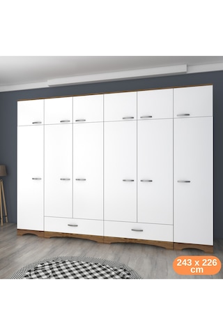 Rani Ba133 Geniş Gardırop Elbise Dolabı 12 Kapaklı 16 Raflı 2 Askılı Minyatür Ceviz - Beyaz