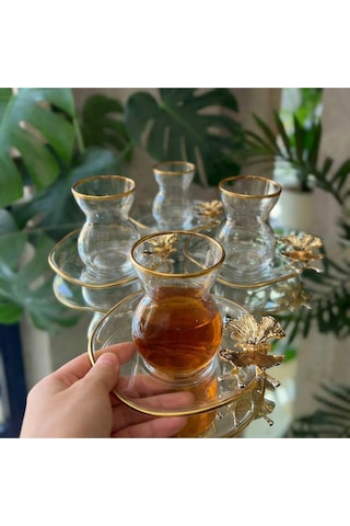 Alfafe Home Lüx 6 Kişilik 12 Parça Kelebekli Gold Yaldızlı Çay Seti Altın