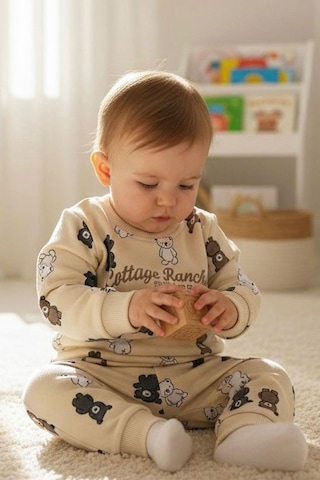 Breeze Erkek Çocuk Eşofman Takımı Sevimli Ayıcıklar Desenli 1-4 Yaş, Krem Krem