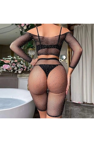 Northcity Kadın Seksi 2 Parça Taşlı Omuzları Açık Crop- Şort Vücut Çorabı Siyah