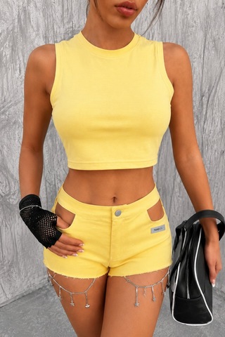 Tarz Cool Kadın Bisiklet Yaka Kolsuz Crop Atlet Süprem %100 Pamuk Basic Yazlık Tişört Sarı