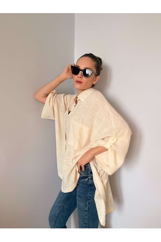 Ali Butik Krem Fakir Kol Oversize Keten Gömlek Krem