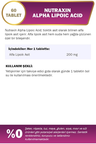 Nutraxin Alpha Lipoic Acid 200mg Takviye Edici Gıda 60 Tablet