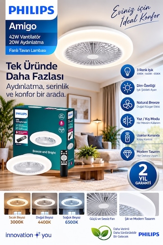 Philips Amigo Fanlı Tavan Lambası 42w Vantilatör + 20 W Aydınlatma Gücü Simli Tasarım