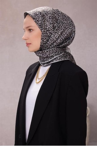 Belli Tivil Saf İpek Eşarp 4208 - 07 Siyah Gri Armürlü Desen Siyah