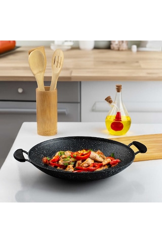 Oms 3228 Silikon Kulplu Granit Sac Kavurma Tavası Çift Taraflı