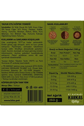 Kito Fresh Tavuk Etli Köpek Yemeği%100 Taze İçerikli Mama 250 Gr