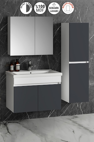 Çiğdem 80+35 Cm Beyaz-füme Balon Mdf Seramik Lavabolu Sepetli Asma Banyo Dolabı Takımı Beyaz - Füme
