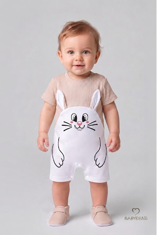 Babyden's Tavşan Baskılı Şortlu Erkek Bebek Tulum %100 Pamuk Yazlık Kısa Kollu Çıtçıtlı Yenidoğan Bebek Tulumu 0-9 Ay Bej