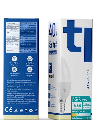 Redeem C37S E14 Mum Ampul, Titreşimsiz, Göz Konforu, 527 Lümen, Doğal Beyaz, 4000 Kelvin