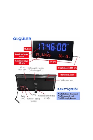 Upway 15 36 Cm Büyük Hd Led Dijital Duvar Saati Alarm Tarih Sıcaklık Nem Siyah