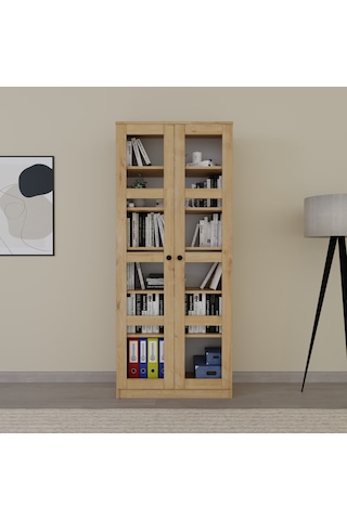 Lucas Cam Kapaklı Vitrin - Büfe - Kitaplık Ve Çok Amaçlı Dolap Ayarlanabilir Raf Ceviz - Meşe Safir Meşe