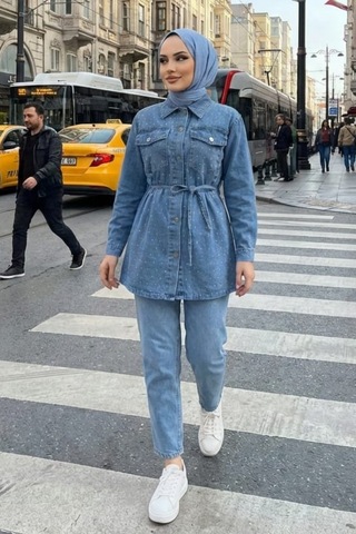 Hb Harma Time Butik Kadın Taş İşlemeli Açık Kot Mavi Tunik Pantolon İkili Takım Açık Mavi