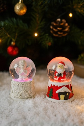 Ev Dekoru Yeni Yıl Huzuru Işıklı Santa Melek Figürlü Ve Noel Baba Temalı Kar Küresi 2'li Seti 6.5 Cm Çok Renkli