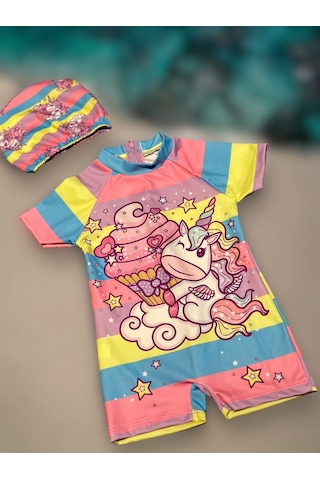 Lolliboomkids Yeni Sezon Sırt Fermuarlı Yarım Vücut Çok Renkli Güneş Korumalı Boneli Mayo Takım Çok Renkli