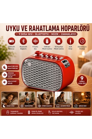 Polham 9 Sesli Uyku Hoparlörü Bluetooth 5.1v, 1200mah Taşınabilir Rahatlama Cihazı Zamanlayıcı, Usb Sd Kart Aux Kırmızı