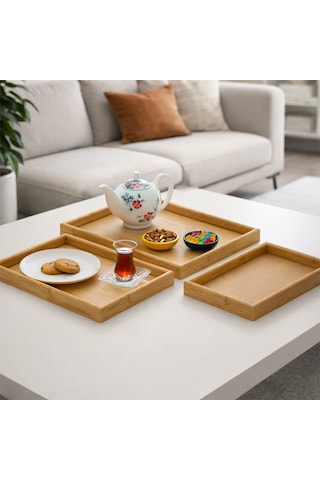 Porsima 130105043 Ahşap Tepsi 3lü Set Çay Kahve Bambu Sunumu Tepsi Seti Ahşap