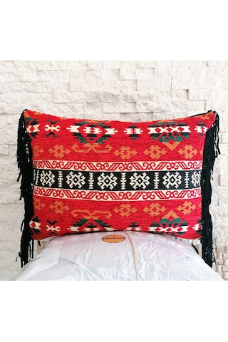 Etnik Kırmızı Kilim Püsküllü Kırlent Bohem Dekoratif İçi Dolgulu Yastık Kırmızı