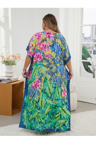 Edolynsa Şık Yeşil Baskılı Kadın Bohem Sabahlık Kaftan Ev Elbisesi Gevşek Tatil Partisi Uzun Elbise Mayo Üst Kıyafet Q1594 Çok Renkli