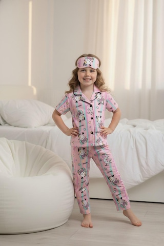 Lillypicca Soft Renkli Desenli Bambu Önden Düğmeli Göz Bantlı Kısa Kol Pijama Takımı 2005 Çok Renkli