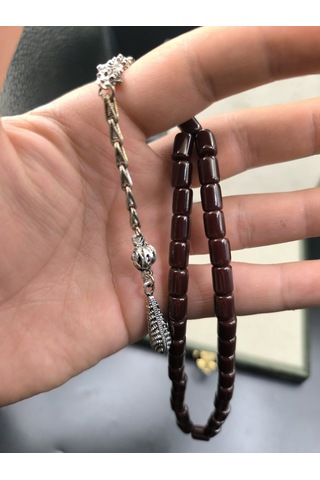 Osmanlı Sıkma Kehribar Tesbih Koyu Vişne, 9x7 Mm Gümüş