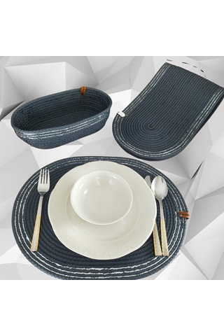 Lacivert 6 Kişilik 8 Parça Amerikan Servis, Hasır Supla Takımı, T Lacivert