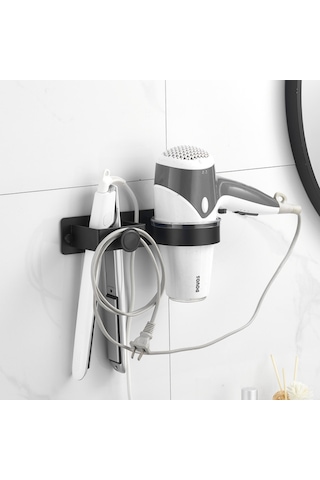 Mufunye Banyo Saç Bakımı Gereçleri Depolama Rafı - Fön Makinesi, Düzleştirici, Kıvırıcı Bar İçin Uzay Alüminyum Tutucu Siyah Yeni Model, Delikli/deliksiz Kurulum Diğer