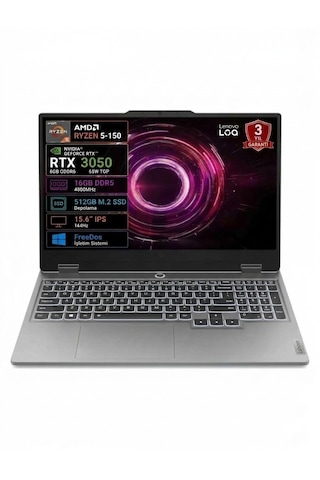 Lenovo LOQ 15ARP10E 83S000HSTR Ryzen 5 150 16 GB 512 GB SSD RTX3050 6 GB 15.6" Free Dos Dizüstü Bilgisayar