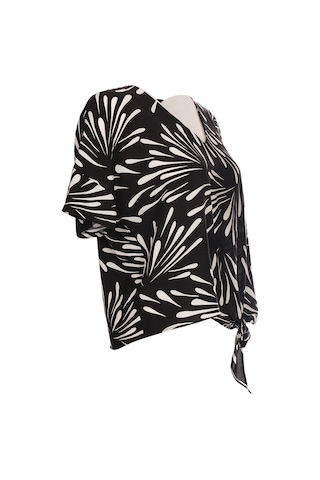 Ysatis Oversize V Yaka Kısa Kol Crop Bluz - Yazlık Siyah