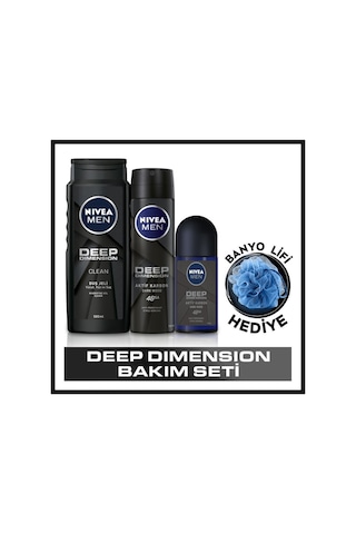 Nivea Deep Dimension 48 Saat Aktif Karbon Erkek Sprey Deodorant 150 ML + Duş Jeli 500 ML + Roll-On Deodorant 50 ML + Banyo Lifi